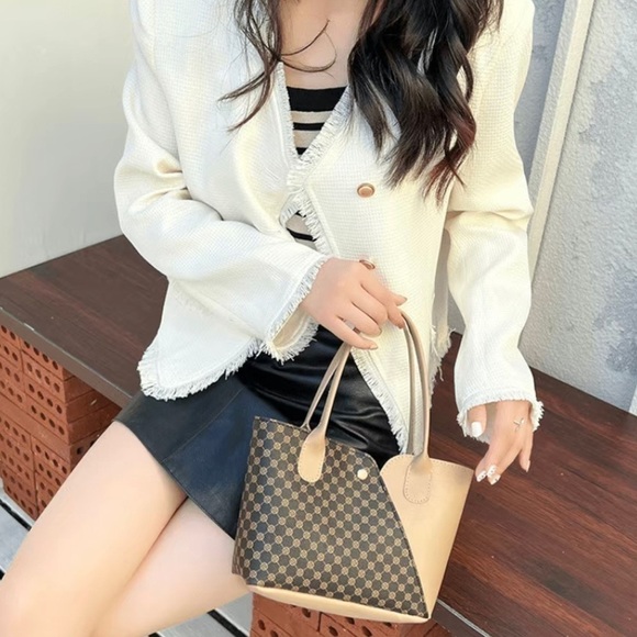 Brown Checkered Pattern Mini Tote Bag - Picture 2 of 13